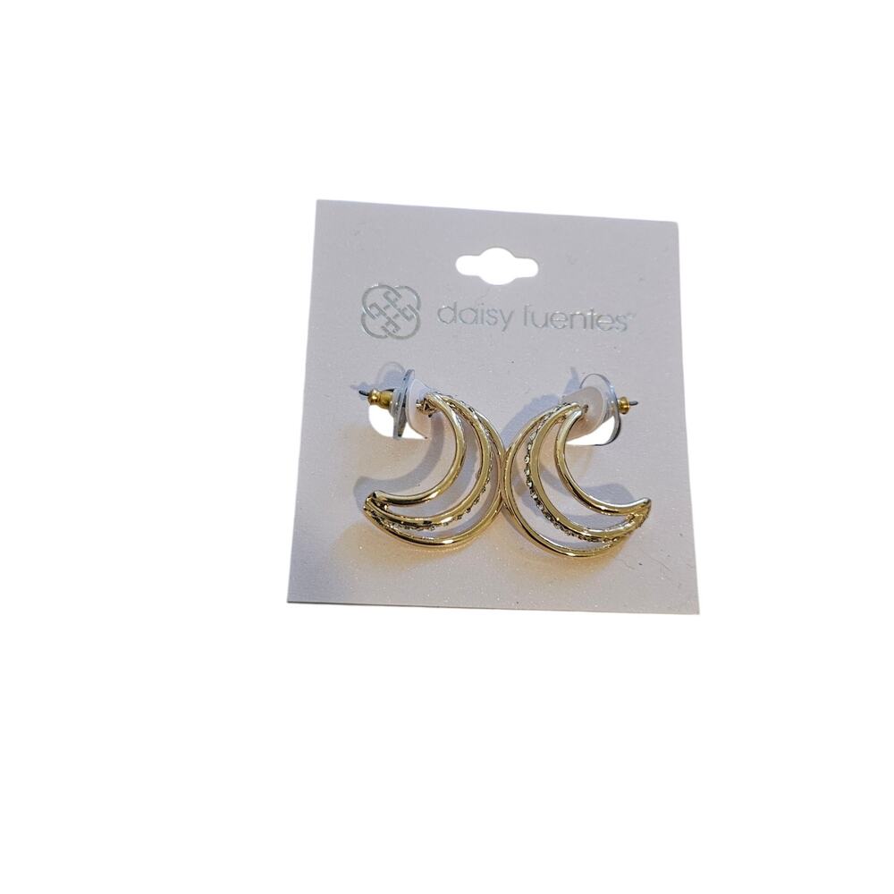 Daisy Fuentes Gold Tone Crescent Moon Rhinestone Celestial Earrings NWT